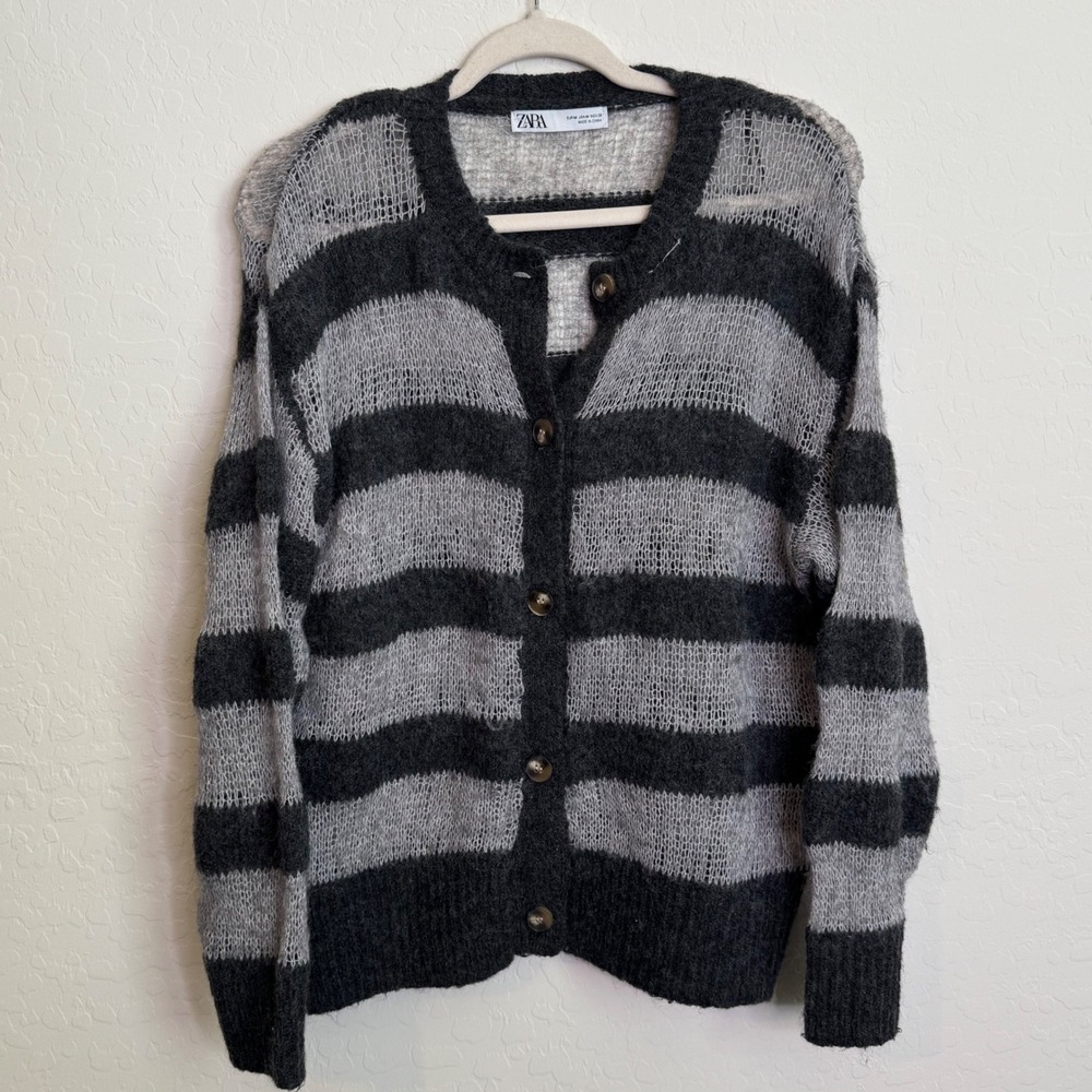 Zara Womens Wool Alpaca Blend Cardigan M Grey Striped Open Knit Sweater Boho